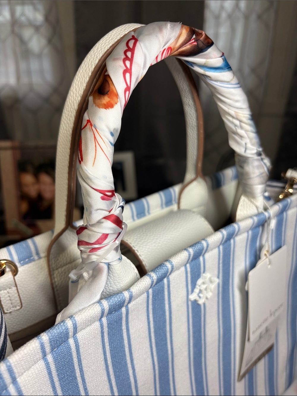 NWT 2FER Nanette Lepore 2 Piece Blue White Striped Crossbody Handbag + SCARF - Picture 14 of 16